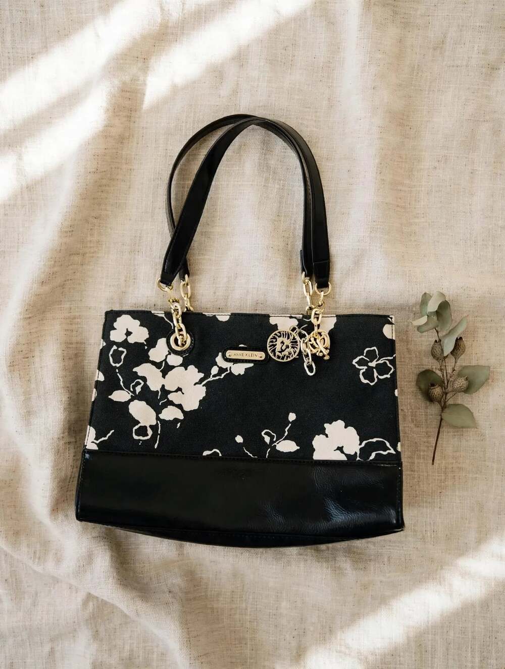 Anne Klein Black and Cream Floral Tote Handbag with Chain Strap